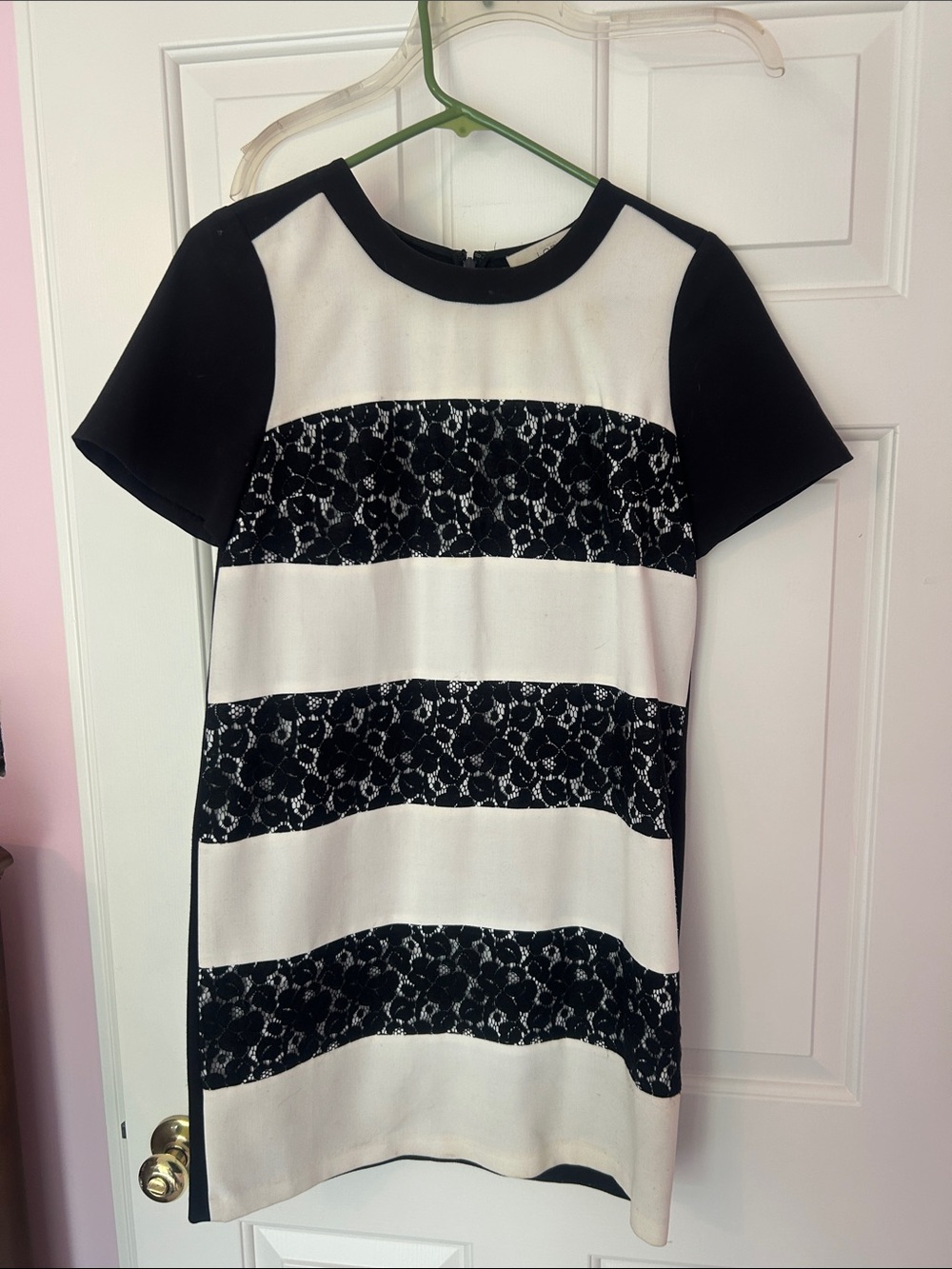 LOFT Black and White Striped Lace-Panel Sheath Dress
